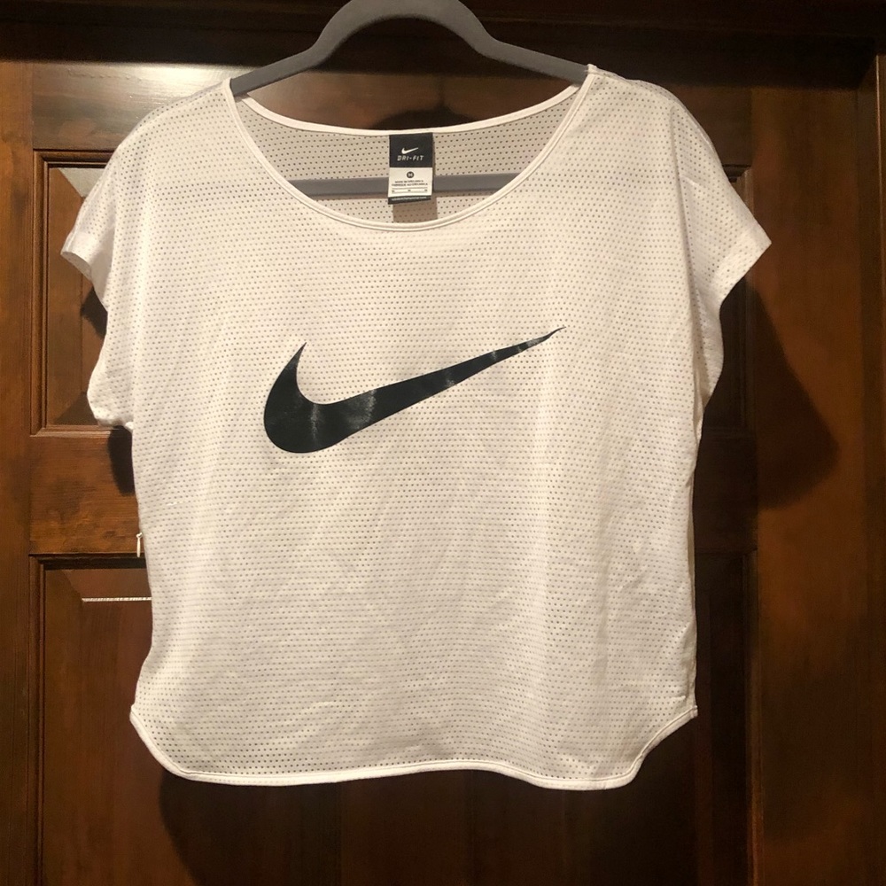Nike White Mesh Short Sleeve Top with Black Swoosh